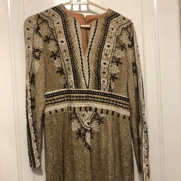Vintage PLUS Elegant Miss Early 60s Lurex Gold Lame Egyptian Themed Dress - Picture 1 of 12